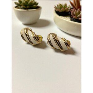 Vintage 80s-90s Signed Robert Manse Gold-tone White Enamel Twisted Rope Earrings
